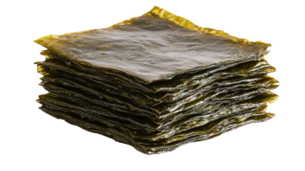 A stack of dried seaweed sheets arranged in a neat pile.
