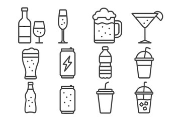 Set of drink and beverage icons in a thin line style. Includes alcoholic drinks like beer, wine, champagne, and cocktails. Also features soft drinks, soda, energy drinks, and water.