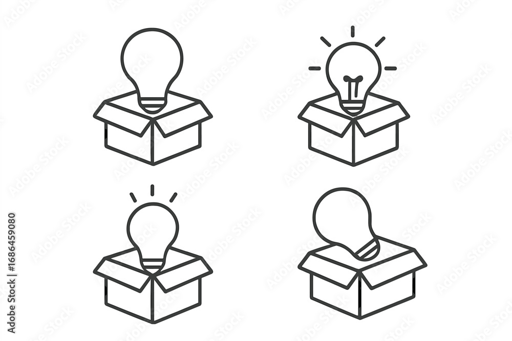 Poster thinking outside the box icon set. light bulb in a box for new idea, innovation, creativity, and sta