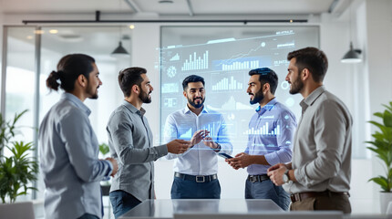 Jóvenes expertos hispanos en TI discutiendo estrategias con tecnología de IA