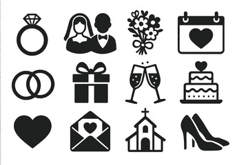 Elegant wedding vector icons. Black glyph symbol set for marriage celebration, anniversary and engagement invitation design. Bride, groom, rings, cake, church isolated elements.