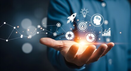 Obraz premium A hand presents a digital network of interconnected icons representing innovation, technology, and business growth.