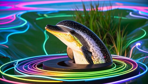 Illuminated dolphin sculpture in vibrant light display - Powered by Adobe