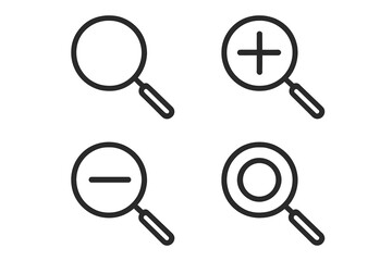 Magnifying glass line icon set. Search, zoom in, zoom out, and find symbols. Loupe linear pictogram collection for web, mobile app, UI, and UX design. Vector graphic elements.