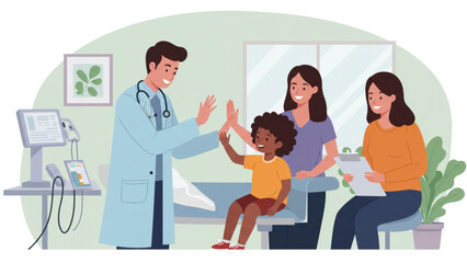 Fototapeta premium Joyful Pediatrician in Blue Coat High-Fiving Curly Haired Child | Supportive Family and Positive Doctor,illustration,vector,Transparent white background