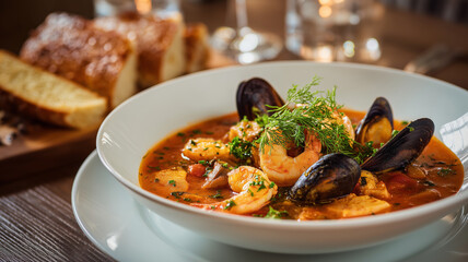 French seafood bouillabaisse soup ina plate