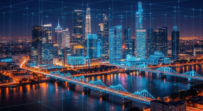Futuristic Modern City Skyline with Bright Lights and Digital Network Overlay