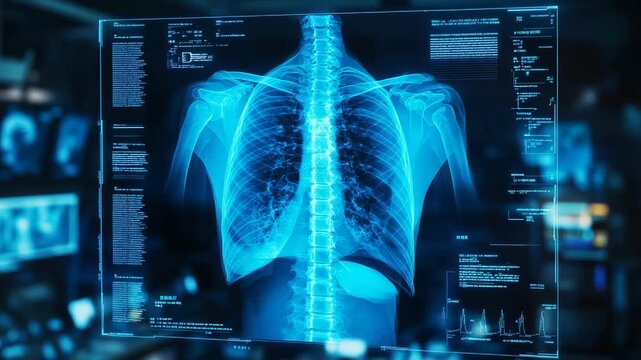Futuristic interface showing human chest x ray with medical data analysis - Powered by Adobe