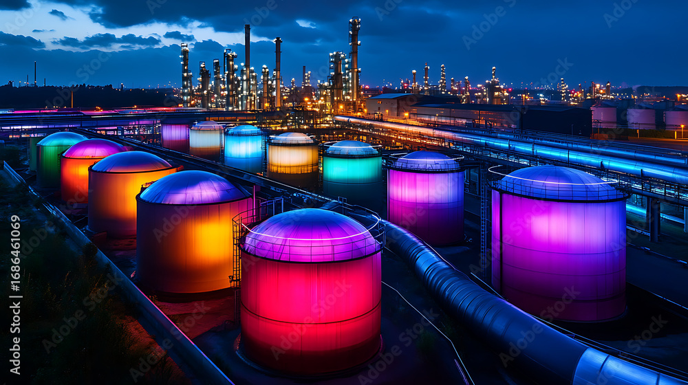 Poster a large industrial area with many tanks of different colors. the tanks are lit up and are in a row
