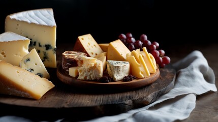 Fototapeta premium Delicious variety of gourmet cheeses on wooden platter with fresh grapes, perfect for elegant occasions or culinary inspiration.