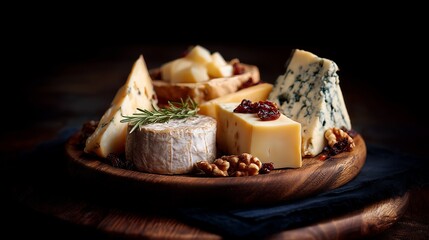 A delectable assortment of gourmet cheeses on a rustic wooden platter, garnished with rosemary, walnuts, and dried fruits.