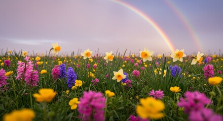 Fototapeta premium A Glimpse of Serenity: A Rainbow Over a Field of Flowers