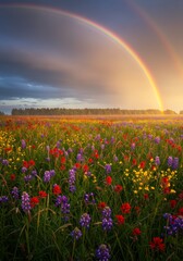 Naklejka premium Nature's Beauty: A Rainbow Over a Meadow of Yellow and Blue Flowers