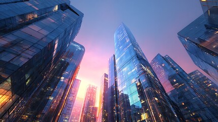 Colorful sunset over modern skyscrapers in an urban landscape with reflective glass facades
