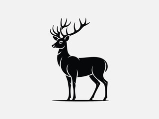 Vector art of a majestic deer with large antlers stands gracefully, its silhouette captured in a striking black and white illustration