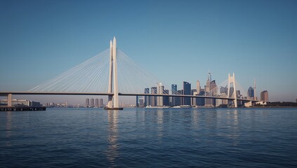 Obraz premium a modern bridge spans water connecting city skyline