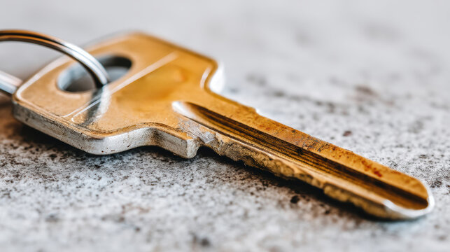 Silver key macro detail on stone surface metallic texture shallow depth of field rustic mood closeup minimal still life household object concept security theme soft light