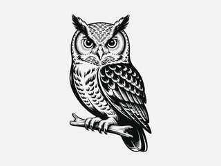 Vector art of detailed monochrome illustration of an owl perched on a branch, showcasing its wisdom and nocturnal nature