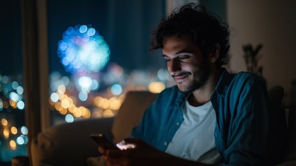Man smiling while using smartphone indoors, with vibrant fireworks illuminating the night sky outside the window.