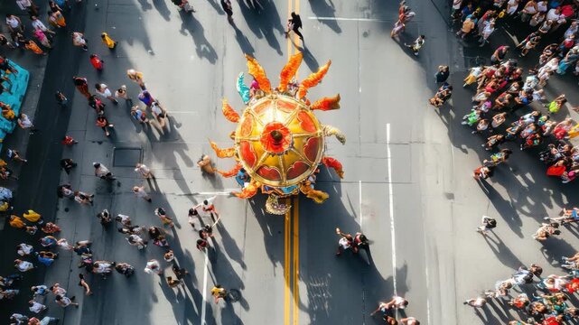 Colorful parade floats and enthusiastic crowds moving through vibrant streets during a lively festival celebration in an urban setting