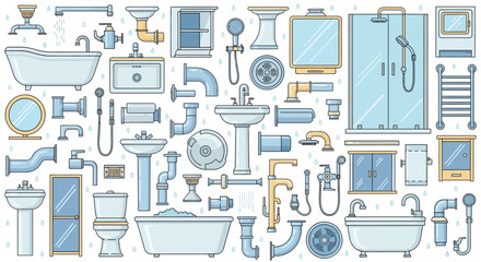 Collection of bathroom fixtures and plumbing components arranged in a pattern