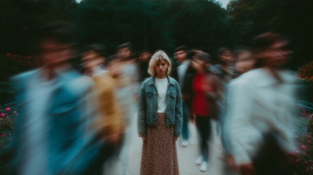 A solitary woman stands motionless as a busy crowd rushes past, creating a sense of isolation in movement.