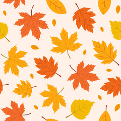 Colorful autumn leaves scattered on a light background showcasing seasonal transition in nature. Seamless pattern