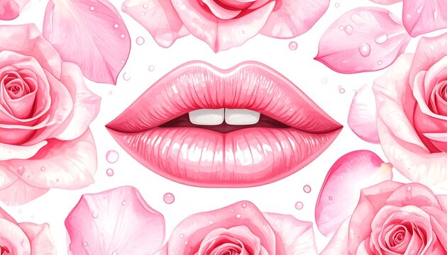 Close-up of a pink lips with rose petals