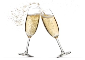 Champagne Toast: A celebration is captured as two elegant champagne flutes touch, sparkling bubbles rise in an effervescent dance, reflecting joy and togetherness.