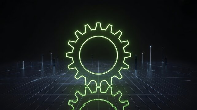 Glowing green gear mechanism on digital grid cogwheel