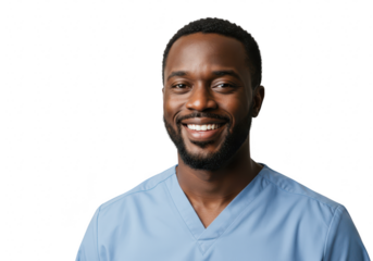 Smiling black man wearing blue scrubs isolated on transparent background