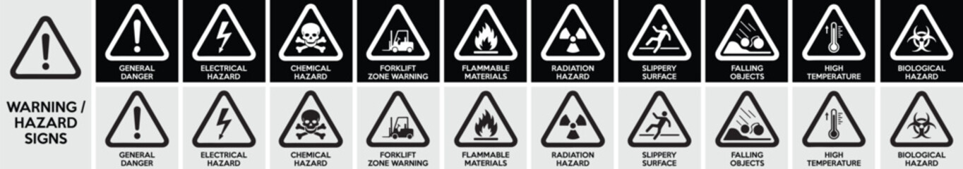 Warning and Hazard Safety Signs &ndash; Electrical Danger, Chemical Hazard, Flammable Materials, Radiation Risk, Slippery Surface, Falling Objects, High Temperature, Biohazard & Forklift Zone Signs