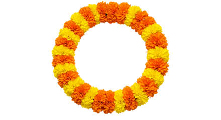Orange and yellow flower wreath circular floral arrangement transparent background