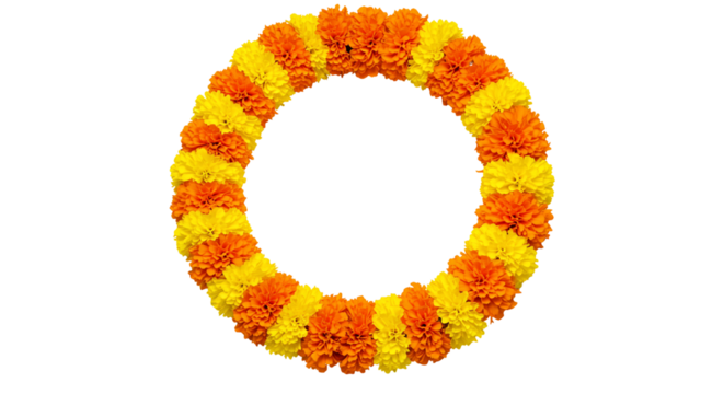 Orange and yellow flower wreath circular floral arrangement transparent background