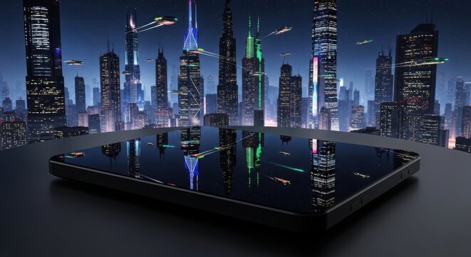 Smartphone with Reflective Screen Showing City Skyline at Night in Futuristic Urban Setting