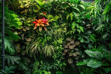 High Detail Picture of Lush Vertical Garden with Tropical Plants in Conservatory