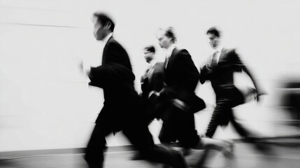 Business people in suits run forward motion blur monochrome style.
