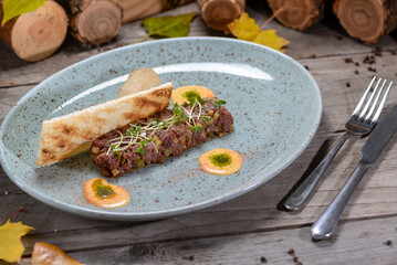 veal tartare with microgreens in a plate of bruschetta on a wooden background