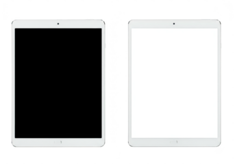 Two tablets, one with black screen, one with white screen isolated on transparent background