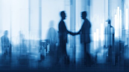 Two people shaking hands in a blurred office environment business deal.