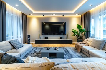 High Definition Image of Modern Living Room with Large Tv and Comfortable Sofa