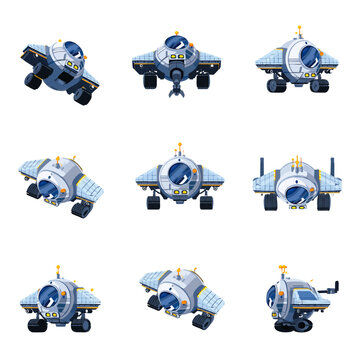 Space rover vector set. Cartoon futuristic exploration vehicle from different angles. Spaceship sprite for game animation with front, back, side, and top views.