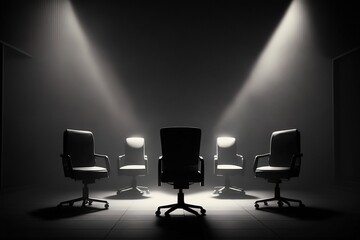 Several office chairs in a dark room are illuminated by beams of studio volumetric light. The concept of teamwork, leadership, success, job vacancy. AI generated.