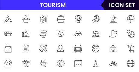 Tourism vector line icons featuring landmarks, airplanes, suitcases, maps, hotels, cameras, travel guides, beaches, and sightseeing activities symbols.