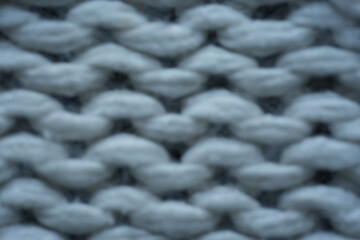 blue Wool texture gray knitted fabric clClose-up texture of light blue knitted wool fabric. Detailed symmetrical knit pattern. Soft textile background, suitable for fashion, craft