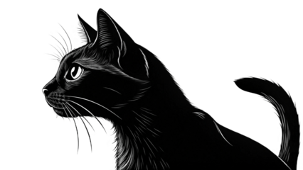 A striking black and white illustration of a sleek black cat in profile, looking intently to the left against a clean white background.