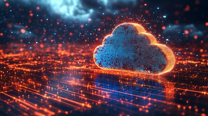 A glowing cloud icon on a circuit board with orange and blue lights in a dark environment view