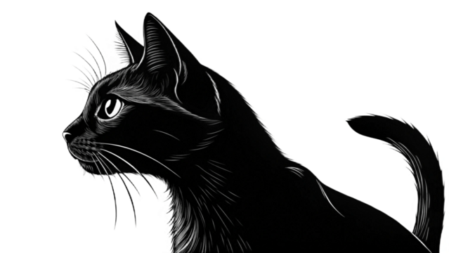 A striking black and white illustration of a sleek black cat in profile, looking intently to the left against a clean white background.