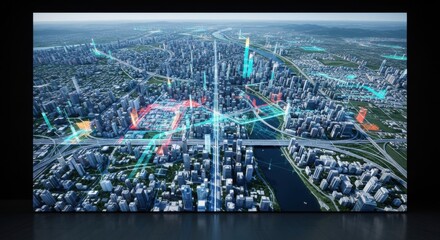 Futuristic City Skyline with Digital Data Overlay in Night Lighting