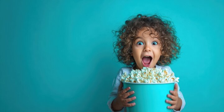 The joyful child holding a large bowl of popcorn with excitement